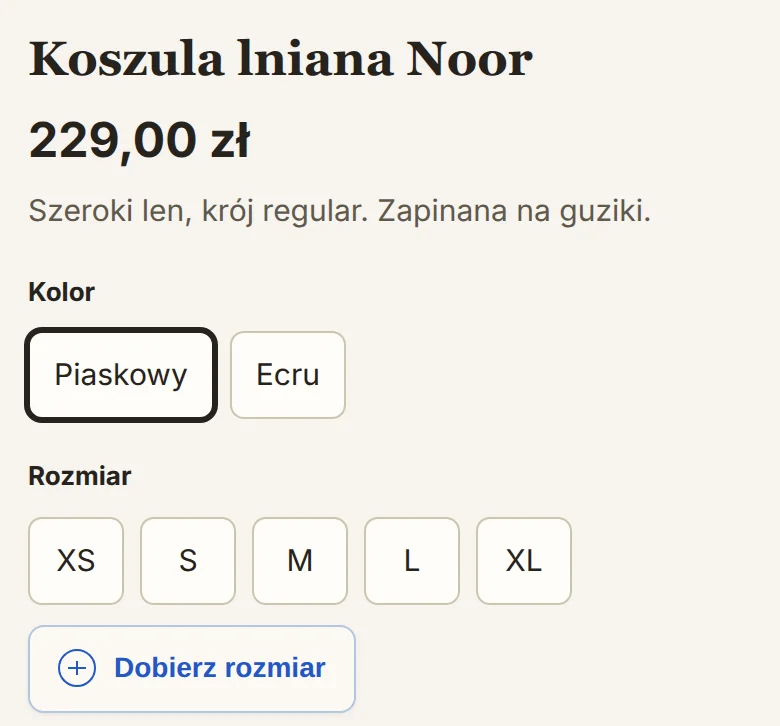 Telefon: karta koszuli z przyciskiem „Dobierz rozmiar”