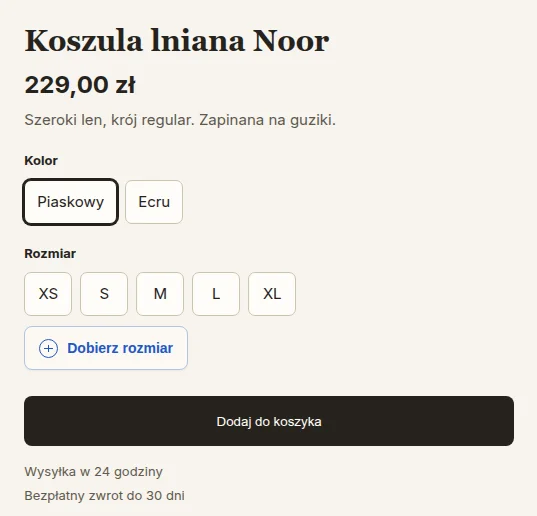 Karta koszuli z przyciskiem „Dobierz rozmiar” pod natywnym wyborem rozmiaru