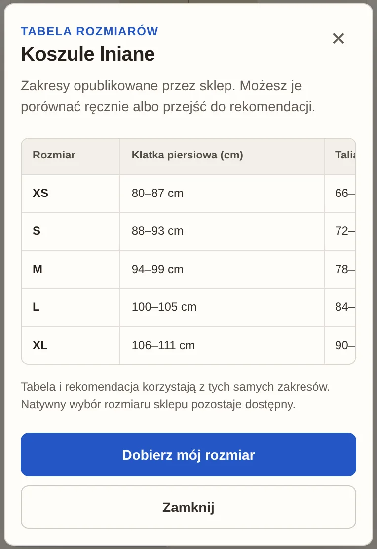 Telefon: tabela rozmiarów w oknie doradcy