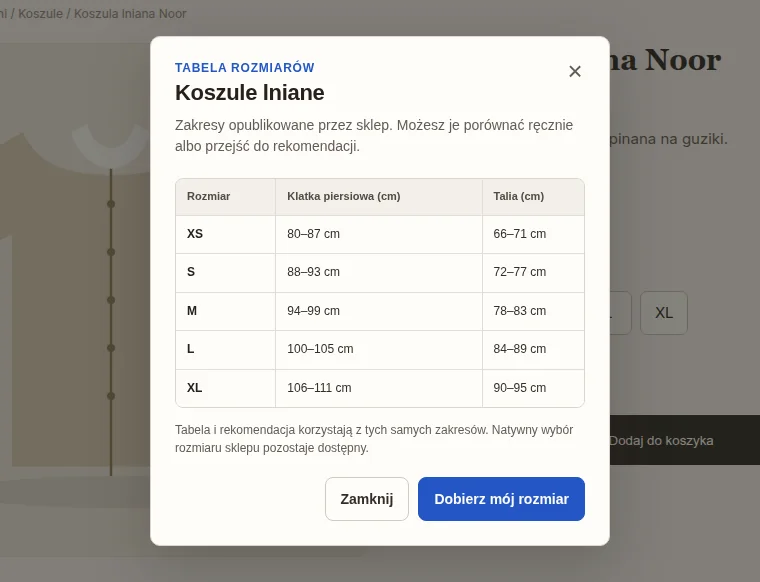 Okno z tabelą rozmiarów XS–XL i zakresami klatki oraz talii
