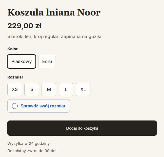 Karta koszuli z przyciskiem „Sprawdź swój rozmiar”