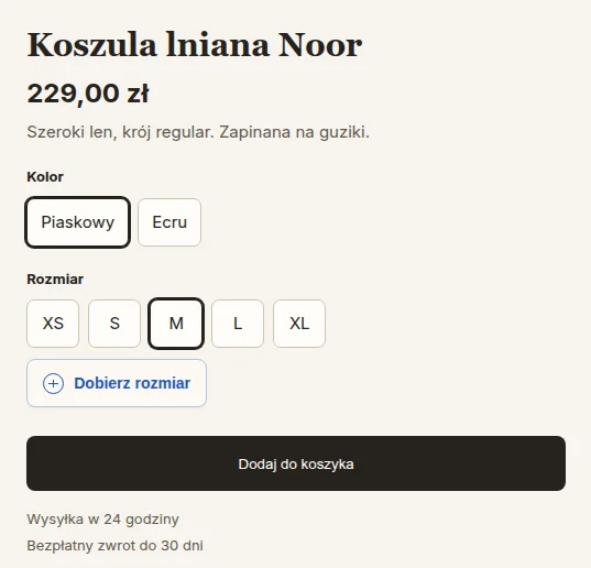 Karta koszuli z zaznaczonym rozmiarem M po wyborze w doradcy