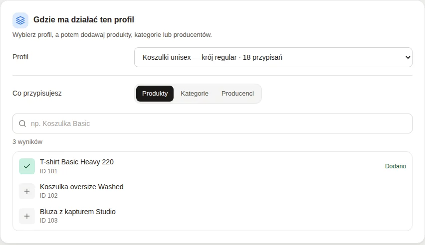 Panel GrowFit: przypisanie profilu do produktów i kategorii