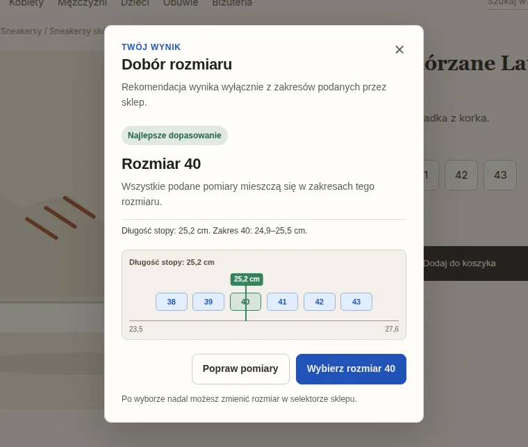 Sneakersy: wynik doradcy dla długości stopy
